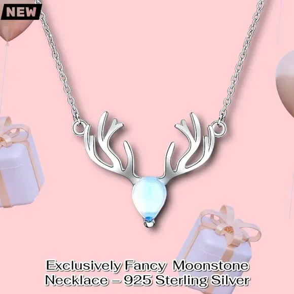 New Exclusively Fancy Deer Antler Moonstone Necklace – 925 Sterling Silver - Picture 1 of 3